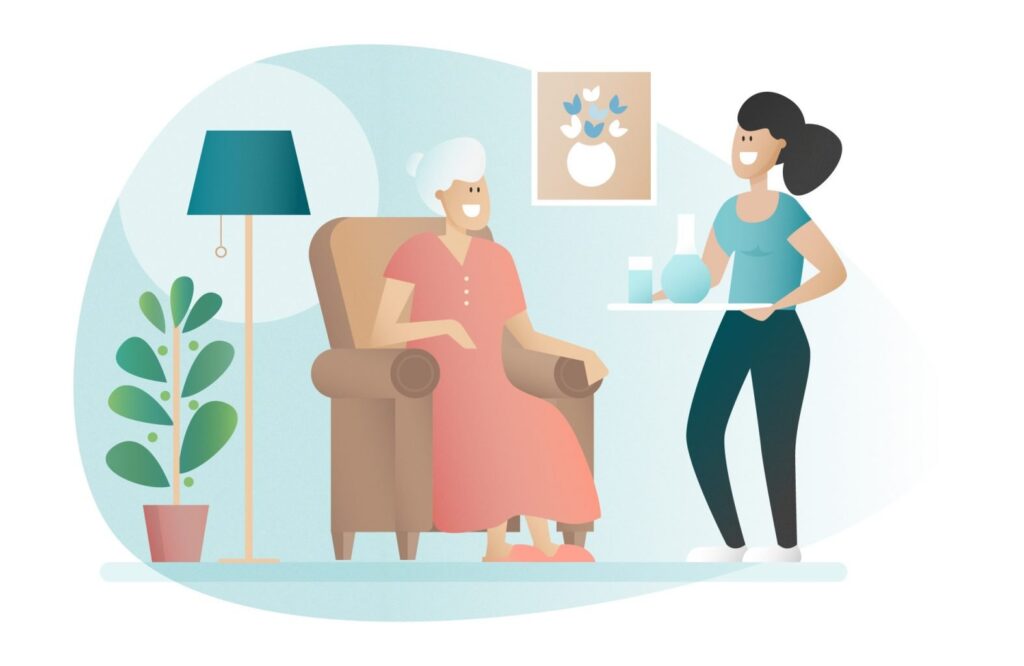 illustration aide à domicile servant à boire à une femme âgée