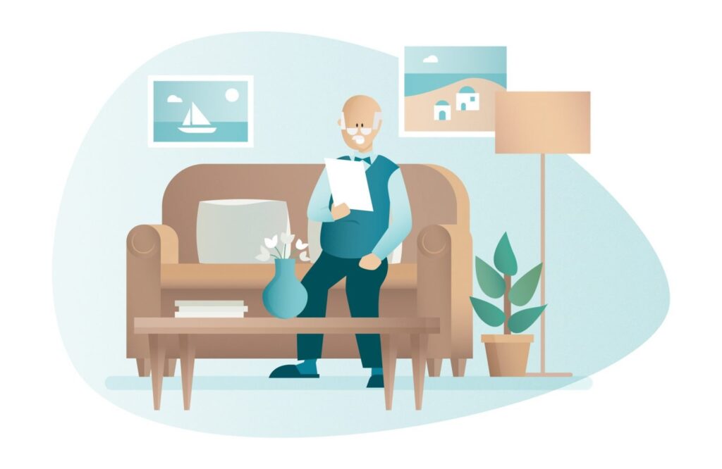 illustration homme senior à domicile effectuant démarches administratives